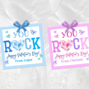You Rock Valentinstag Tags Candy Tags Kinder Schule Geschenke Treat Tags rosa blau Klassenzimmer Valentine Bearbeitbare druckbare Download Vat36