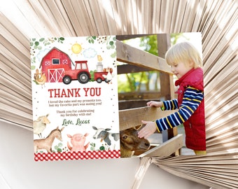 Farm Birthday Photo Thank You Card Farm Animals Boy Barnyard Thank You Note Red Tractor Farm Editable Printable Download Bir300