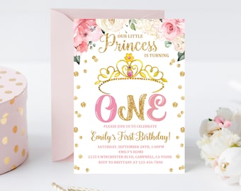 Princess Birthday Invitation: Pink Gold Crown, Floral - Editable Bir14