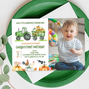 Tractor Pumpkin Birthday Invitation: Fall Barnyard Party (Editable Bir196)