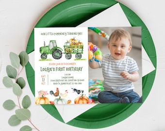 Tractor Pumpkin Birthday Invitation: Fall Barnyard Party (Editable Bir196)