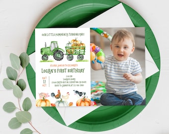 Farm Birthday Invitation Barnyard Party Invite Tractor Pumpkin Farm Animals Fall Autumn Photo 1st Editable Printable Download Bir196