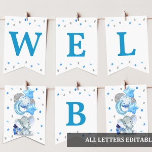 Elephant Baby Shower Banner Blue Elephant Boy Baby Shower Decoration Welcome Garland Balloon Silver Confetti Editable Download Bab62