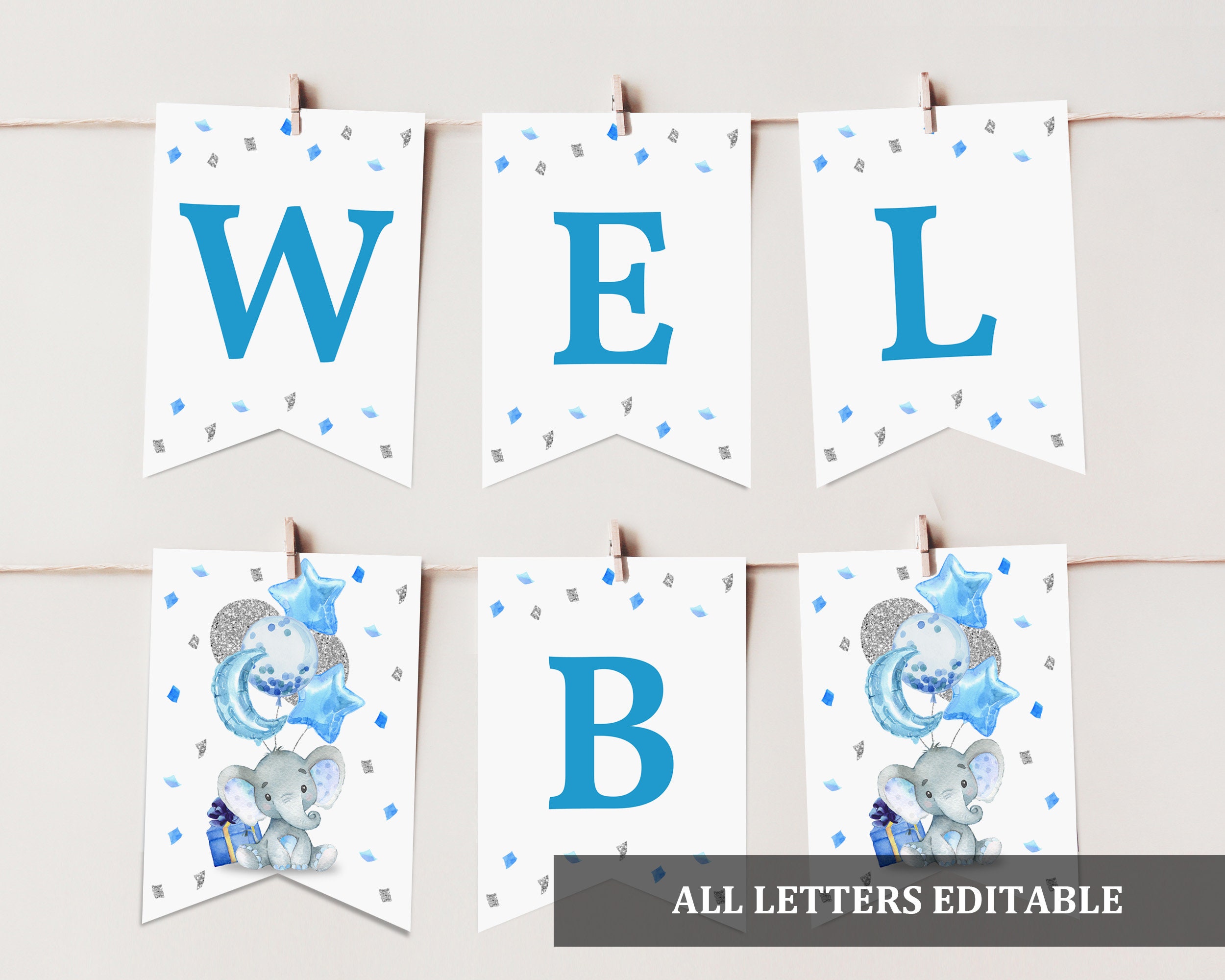 Elephant Baby Shower Banner Blue Elephant Boy Baby Shower Decoration Welcome Garland Balloon Silver Confetti Editable