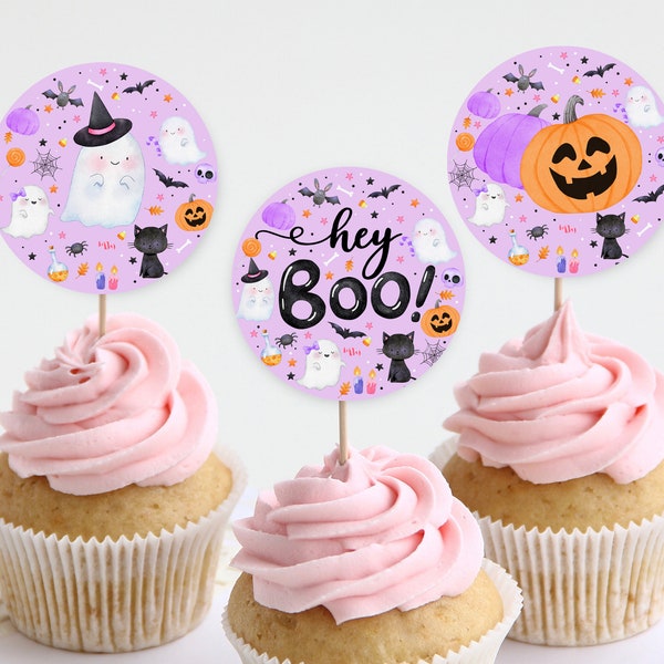 Purple Halloween Cupcake Toppers Little Boo Birthday Cupcake Toppers Favor Tags Halloween Ghost Party 1st Girl Printable Download Hab4