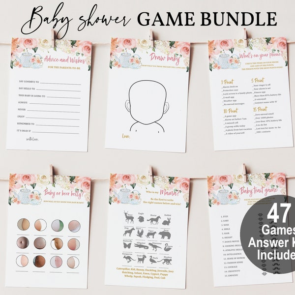 Tea party Baby shower Game Bundle Baby shower Activity Game Suite Floral High Tea Party Brunch Game Set Editable Printable Digital Bab33