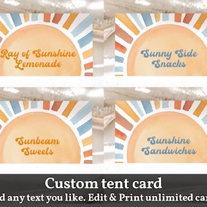Bewerkbare Sunshine Party gevouwen voedseletiketten Here Come The Sun Buffet Tentkaart Gunsten Retro Groovy Afdrukbare download Bab196 Bir350 Bir409