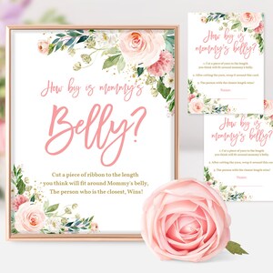 How Big is Mommy's Belly Spiel-Antwort-Karte Blush Rosa Blumen Spiel-Antwort-Karte Boho Girl Printable Download Bab158