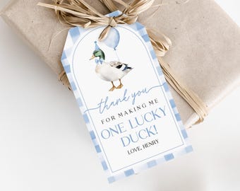 Duck Birthday Favor Tag - Blue Gingham Printable Thank You Bir465