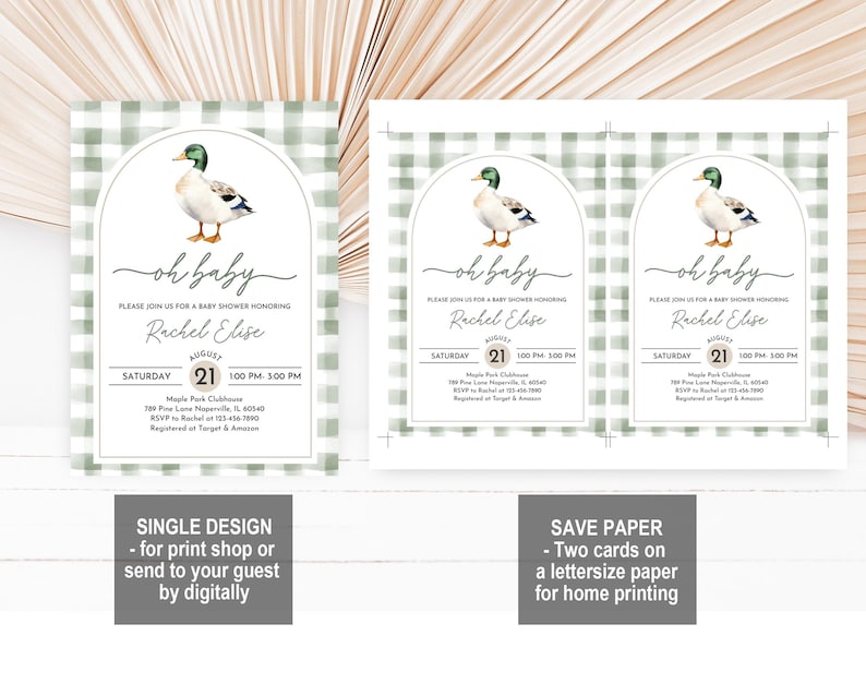 Mallard Duck Baby Shower Invitation: Green Plaid, Editable Bab329 image 7