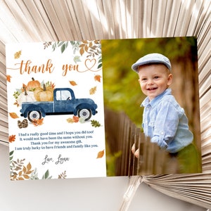 Kürbis Geburtstag Foto Dankeschön Karte Blau Kürbis LKW Party Dankeschön Herbst Junge Blau Orange Download Printable Bearbeitbar Bir314