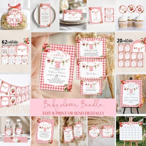 Könnte beinhalten: Ein Babyparty-Papeterie-Set mit rot-weißem Vichy-Muster und Apfel-Illustrationen. Das Set enthält Einladungen, Spiele, Schilder, Anhänger und Etiketten mit Texten wie The Apple of our eye, Baby Shower und Diaper Raffle.