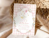 Silly Goose Invitation: 1st Birthday Girl, Pink Floral Bow (Editable Bir608)