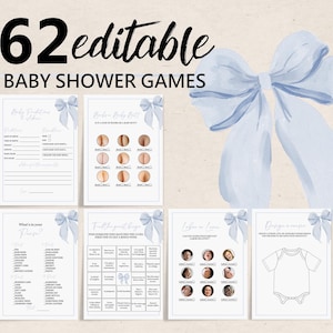 Blue Bow Baby Shower Game Bundle Editable Dusty Blue Ribbon Game Template Printable Game Pack Cute Boy Baby Shower Game Bundle Bab340