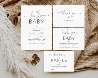 May include: A set of baby shower stationery on a neutral backdrop. The cards include an invitation, thank you note, book request, and diaper raffle card. The design features elegant script and a heart symbol.