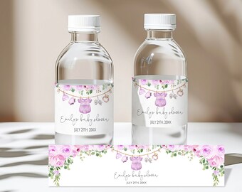May include: Water bottle labels with a floral design and the text "Emily's baby shower" and "July 21th, 20XX".