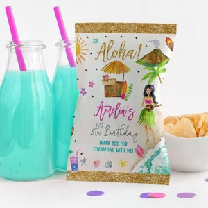 Hawaiianische Geburtstags-Chip-Tasche Luau Party druckbare Kartoffel-Chip-Tüte Tiki Tropical Sommer Pool Party Geburtstagsgeschenk Bearbeitbar Download Bir363