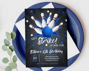 Bowling Birthday Party Invitation Let&#39;s strike up some fun Bowling Party Invite Blue Black Boy Digital Editable Printable Download Bir123