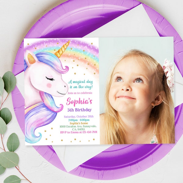 Unicorn Birthday Invitation Rainbow Unicorn Party Gold Glitter Pink Girl Magical Day Photo Invites EDITABLE Printable Download Bir249