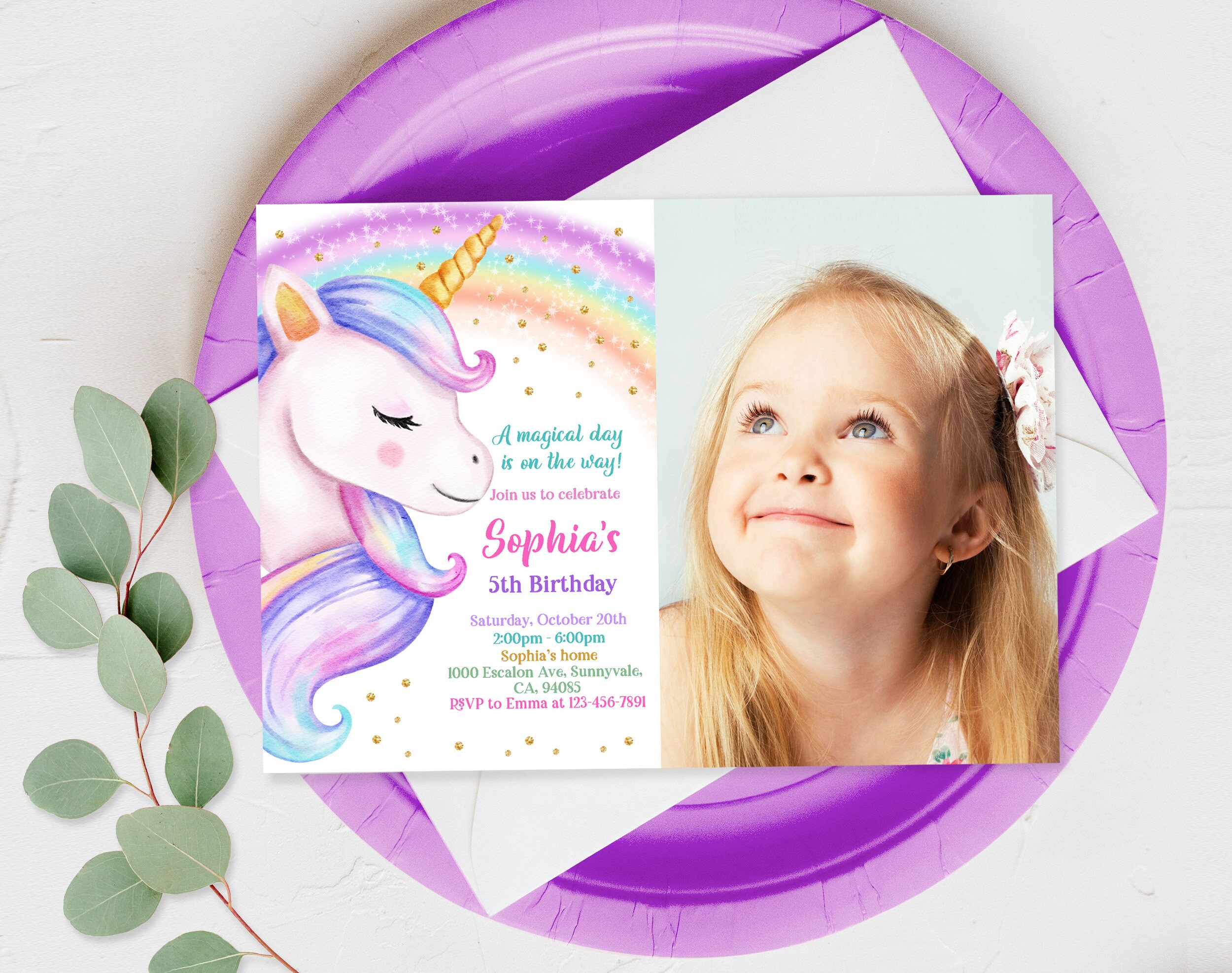 Unicorn Birthday Invitation Rainbow Unicorn Party Gold Glitter Etsy
