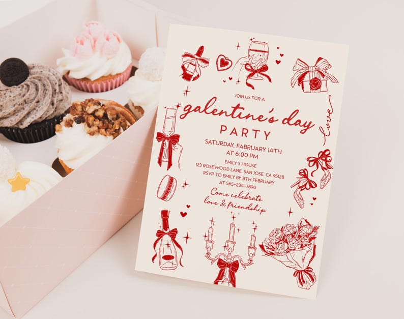 Galentines Invitation: Hand Drawn Pink and Red (girls Night Gai1) - Etsy