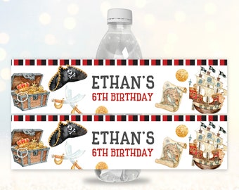 Pirate Birthday water bottle label Pirate Water bottle wrapper Birthday Favor Treasure Box Pirate Ship Printable Editable Download Bir61