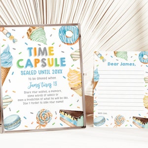 Letra de letrero de cápsula de tiempo dulce editable para niño, dulce fiesta, primer cumpleaños, donut azul, caramelo, helado, cupcakes, pasteles, imprimible Bir368