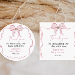 Pink bow favor tag round Editable Pink bow Coquette Baby Shower favor sticker tag Thank you tag Party favor Cookie sticker Printable Bab334