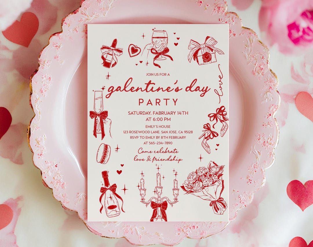 Galentines Invitation: Hand Drawn Pink and Red (girls Night Gai1) - Etsy