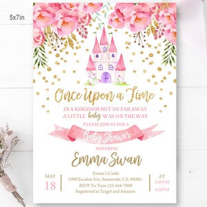 Princess Baby Shower Invitation Pink Castle Party Invite Pink Floral Gold Sprinkle Girl Digital Editable Printable Download Bab29