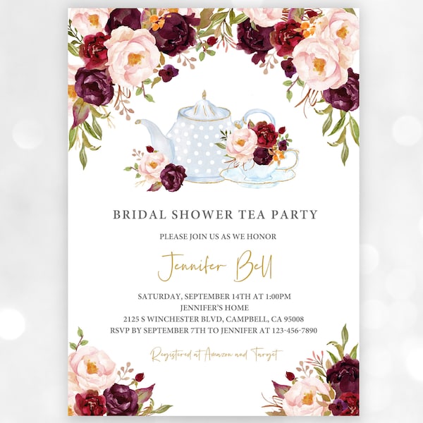 Bridal Tea Party Invitation Floral High Tea shower Invite Time for Tea Brunch Gold Pink Floral Editable Download Printable Bri20