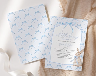 Boho Bunny Baby Shower Invitation, Pastel Blue Bow (Editable Printable)