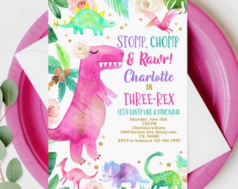 Dino Birthday Invitation: Pink Girl T-Rex Party (Editable Download Bir248)
