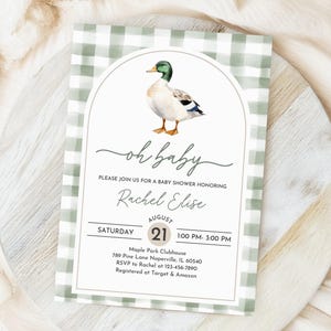 Mallard Duck Baby Shower Invitation: Green Plaid, Editable Bab329 image 5