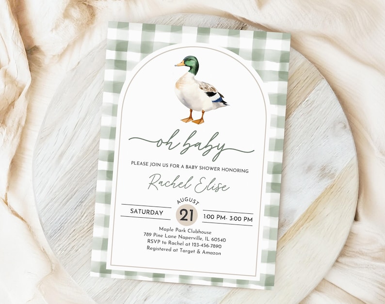 Mallard Duck Baby Shower Invitation: Green Plaid, Editable Bab329 image 5