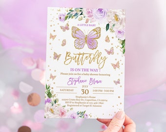 Zaproszenie na baby shower z motylem, fioletowo-lawendowy kwiat (edytowalny cyfrowy Bab198)