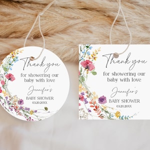 Etiqueta de agradecimento para chá de bebê com flores silvestres, etiqueta de agradecimento editável, etiqueta de agradecimento para impressão, modelo de etiqueta de agradecimento floral, etiqueta de agradecimento Boho Bab301
