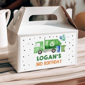 Garbage Truck Gable Box Label Trash Bash Favor Box label Bewerkbare Prullenbak Favor Sticker Recycle Party Boy Afdrukbare Kiepwagen Bir434