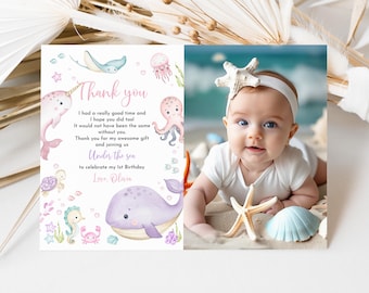 Under the Sea Thank You Card - Editable Whale Photo Birthday Bir463