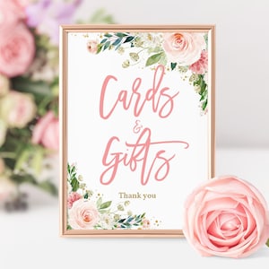Panneau pour cartes et cadeaux floraux rose poudré Baby Shower, cadeaux d'anniversaire, décoration pour fille, panneau de table bohème, téléchargement imprimable Bab158 Bir303