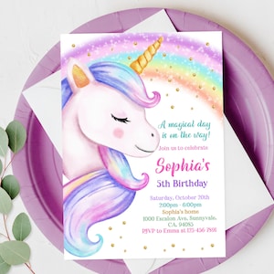 Unicorn Birthday Invitation Rainbow Unicorn Party Gold Glitter Pink Girl Magical Day Invites Digital Editable Printable Download Bir249 image 1