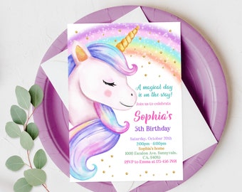 Unicorn Birthday Invitation Rainbow Unicorn Party Gold Glitter Pink Girl Magical Day Invites Digital Editable Printable Download Bir249