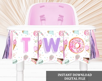 Two Sweet Birthday Banner: Printable High Chair Garland for Girls Bir338