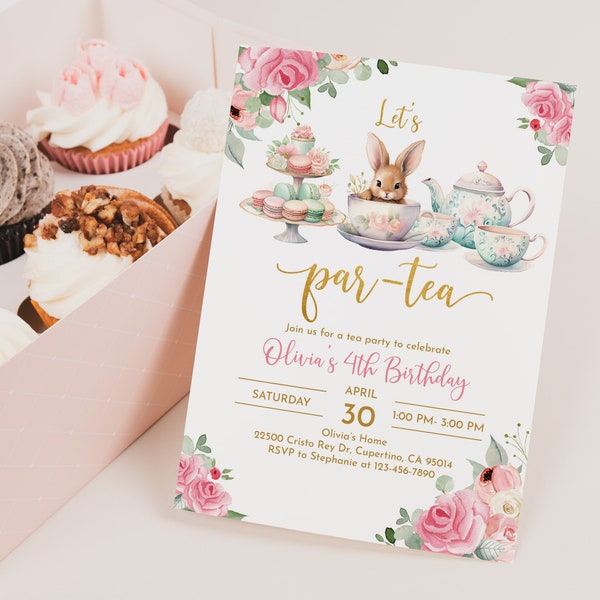 Easter Tea Party Birthday Invitation Pink Floral Garden Tea Party Girl Birthday Invite Spring Bunny Easter Brunch Editable Printable EaBir13