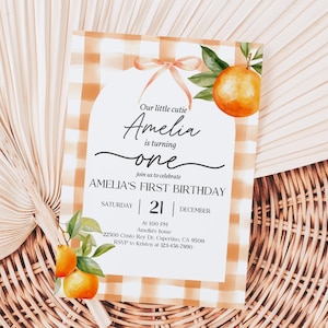 Little Cutie Orange 1st Birthday Invitation Editable Citrus Clementine Orange Party First Birthday Invite Botanical Printable Bir431