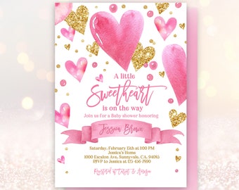 Baby Shower Invitation: Heart Design with Pink Gold Confetti - Editable Download