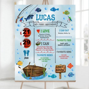 Puede incluir: Un cartel de hitos de primer cumplea&ntilde;os azul y blanco para un ni&ntilde;o llamado Lucas. El cartel presenta un tema de pesca con un barco, peces y burbujas. Incluye detalles como su peso, altura y cosas favoritas.