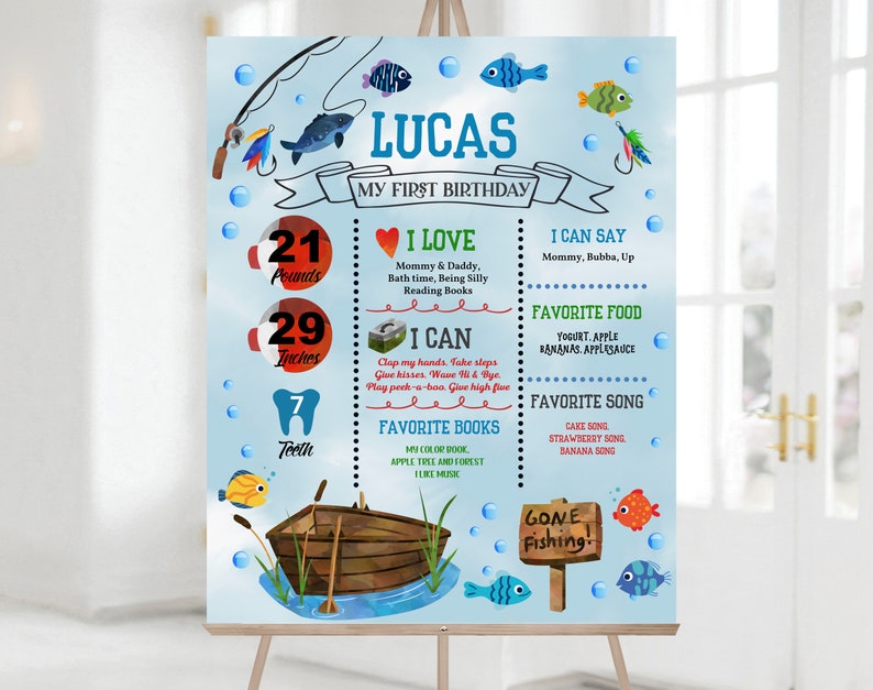 Puede incluir: Un cartel de hitos de primer cumplea&ntilde;os azul y blanco para un ni&ntilde;o llamado Lucas. El cartel presenta un tema de pesca con un barco, peces y burbujas. Incluye detalles como su peso, altura y cosas favoritas.