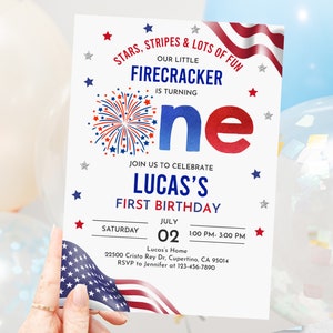 Little Firecracker Birthday Invitation 4th of July Invite Independence day 1st Birthday Patriotic Invite Editable Printable Download Ipdb1