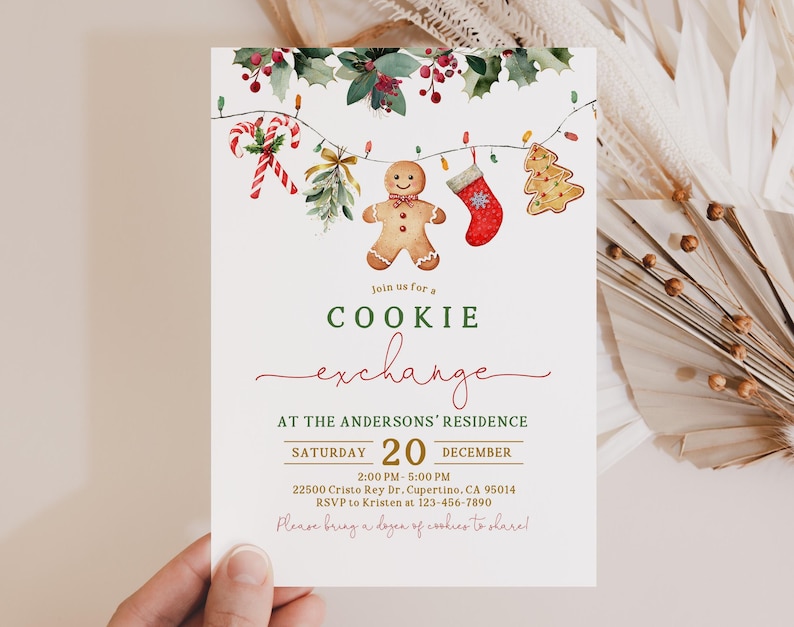 May include: A white invitation card for a cookie exchange, featuring watercolor illustrations of Christmas cookies and decorations. The text reads "Cookie Exchange" with event details, including date, time, and location.